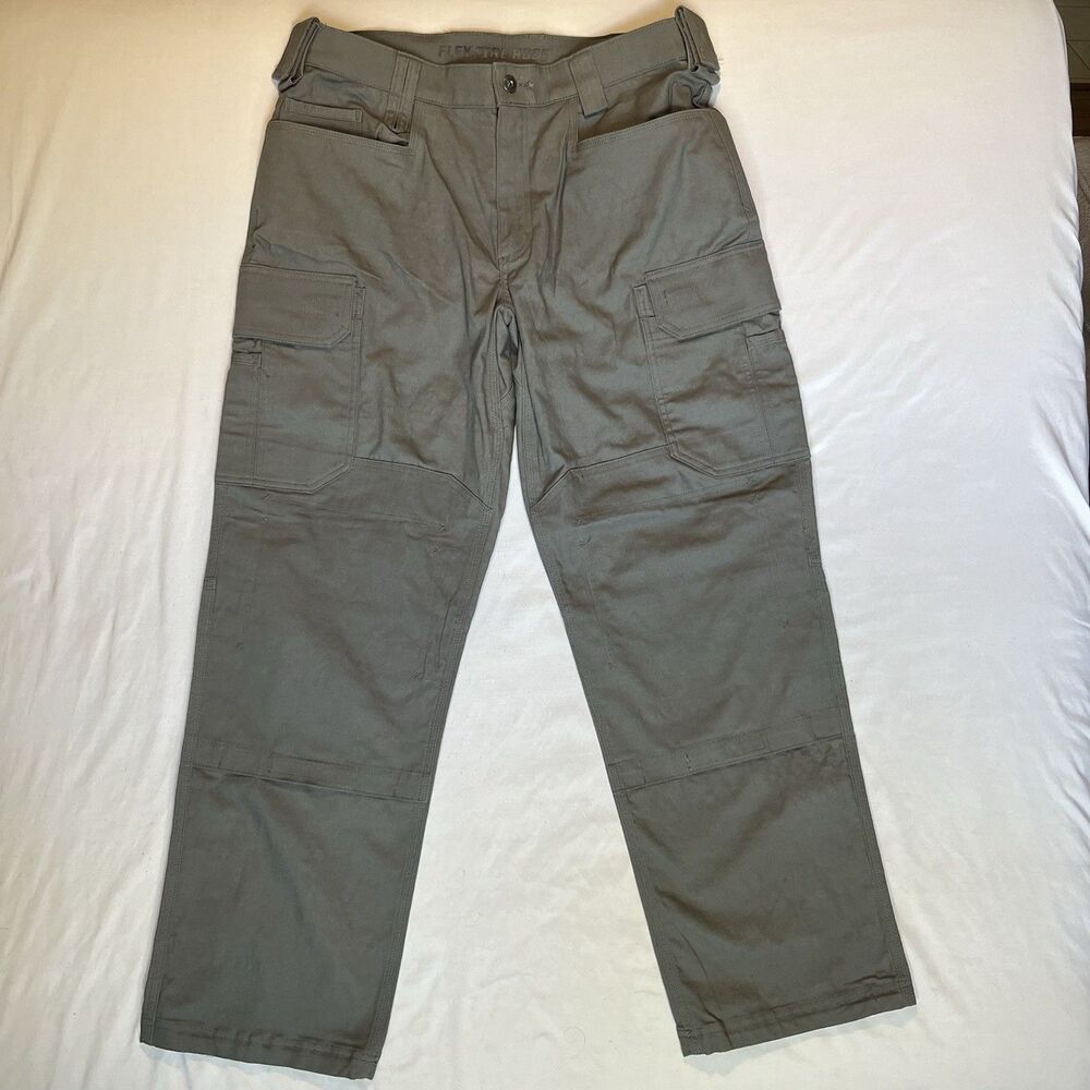 Duluth Trading Pants Mens 36x33 (34x32) Green Flex Fire Hose Cargo Double Knee